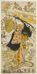 El actor Segawa Kikunojo I como Hanjo en la obra "Tsumagoi Sumidagawa," representada en el Teatro Nakamura en el tercer mes, 1733