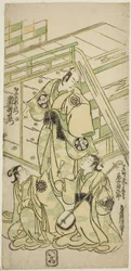 Los actores Ichimura Uzaemon VIII como Onio Shinzaemon y Onoe Kikugoro I como la cortesana Usugumo en la obra "Nanakusa Wakayagi Soga," representada en el Teatro Ichimura en el primer mes, 1744