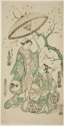 Los Actores Sanogawa Ichimatsu I como Soga no Goro e Ikushima Daikichi II como Kewaizaka no Shosho en la obra "Monzukushi Nagoya Soga," representada en el Teatro Ichimura en el primer mes, 1748