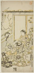 Los actores Tamazawa Saijiro I como Oiso no Tora e Ichimura Uzaemon VIII como Soga no Juro en la obra "Haru wa Akebono Kuruwa Soga," representada en el Teatro Ichimura en el primer mes, 1743