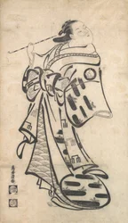 Una oiran de pie, una pipa en su mano derecha, y girando para mirar detrás de su hombro, ca. 1705