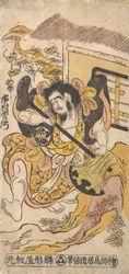 El actor Ichimura Kamezo luchando con la ayuda de un gran hacha