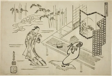 Los Actores Nakamura Takesaburo I como Kewaizaka no Shosho e Ichikawa Danjuro II como Soga no Goro vestidos como komuso en la obra "Bando Ichi Kotobuki Soga," representada en el Teatro Nakamura en el primer mes, 1715
