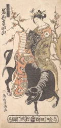 El actor Iwai Hanshiro como cortesana leyendo una carta de amor montada sobre un negro ..., ca. 1763.