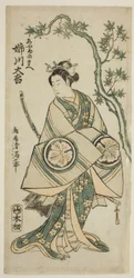 El actor Anegawa Daikichi como Ayame no Mae en la obra "Miyo no Hana Yunzei Kagami", representada en el Teatro Morita en el undécimo mes de 1760.