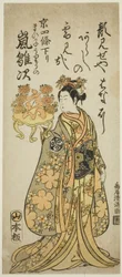El actor Arashi Hinaji como maiko Uriuno en la obra "Ume ya Suisen Izu no Irifune", representada en el Teatro Morita en el undécimo mes de 1763.