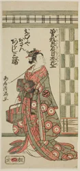 El actor Arashi Sankatsu en el papel de Kanamuraya Osan en la obra "Soga Hiiki Nihon Sakura", representada en el Teatro Nakamura en el tercer mes de 1762.