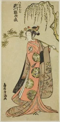 El actor Segawa Yujiro I como Oshichi en la obra "Edo no Haru Meisho Soga", representada en el Teatro Ichimura en el tercer mes de 1773.
