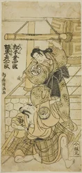 Los actores Matsumoto Koshiro III como Oroku y Bando Hikosaburo II como Fujitaro en la obra "Shomei Muken no Kane", representada en el Teatro Nakamura en el noveno mes de 1767.