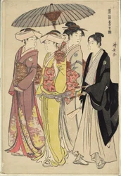 Una dama con tres sirvientes, de la serie "Un brocado de modales orientales (Fuzoku Azuma no nishiki)"