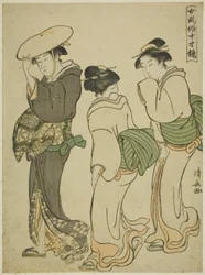 Una mujer y dos criadas, de la serie "Un espejo de modales femeninos (Onna fuzoku masu kagami)"