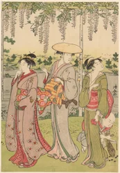 Admirando la glicinia en el Santuario Kameido