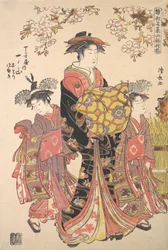 Una Oiran acompañada por dos Kamuro