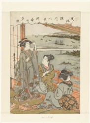 Lluvia vespertina en Susaki Susaki no sekisho (título sobre objeto) Ocho rostros de hábitos y costumbres en Fukagawa (título de la serie) Fuzoku Fukagawa hakkei (título de la serie sobre el objeto)