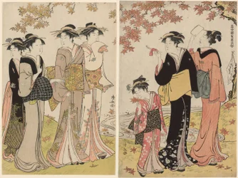 Bellezas bajo un arce, de la serie "Una colección de bellezas contemporáneas de los barrios de placer (Tosei yuri bijin awase)"