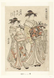 Courtisane Hitomachi uit het Tsutaya huis met haar kamuro Sanae en Matsuyo Edocho nichome Tsutaya uchi Hitomachi Sanae Matsuyo (título sobre el objeto) Belangrijke personen uit de lusthuizen (título de la serie) Seiro Satomenuki (título sobre objeto)