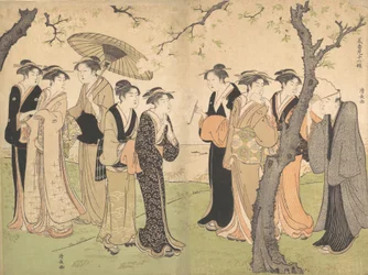 Grupo de seis geishas bajo los cerezos en Gotenyama, ca. 1785