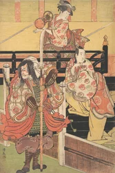 En un Balcón una Mujer está Sentada Tocando un Tsuzumi, abajo un Hombre en Traje de Daimyo está Mirando, ca. 1790