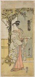 El actor Bando Hikosaburo III como Kichisaburo en la obra "Junshoku Edo Murasaki," representada en el Teatro Ichimura en el primer mes de 1779