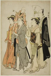 El actor Ichikawa Danjuro V y su familia, de una serie sin título de cuatro impresiones que muestran actores en la vida privada