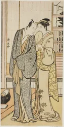 El actor Ichikawa Yaozo III con una geisha, de una serie sin título de grabados que muestran a actores en la vida privada