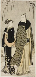El actor Matsumoto Koshiro IV y una geisha, de una serie sin título de grabados que muestran a actores en la vida privada