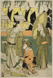 Los Actores Bando Matakuro IV como Chubei, Osagawa Tsuneyo II como Umegawa, y Nakamura Katsugoro como Magoemon, en la obra "Keisei Koibikyaku," representada en el Teatro Morita en el quinto mes, 1783