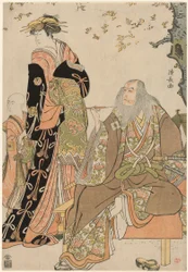 Los actores Ichikawa Danjuro V como Hige no Ikyu, Nakamura Riko como Agemaki, e Ichikawa Ebizo como asistente de Agemaki en la obra "Sukeroku Yukari no Edozakura" en el Teatro Nakamura en el tercer mes de 1784.