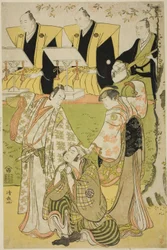 Los actores Ichikawa Monnosuke II como Munesada, Segawa Kikunojo III como la cortesana Sumizome, y Nakamura Nakazo I como Sekibei, en la obra "Tsumoru Koi Yuki no Seki no To," representada en el Teatro Kiri en el undécimo mes, 1784