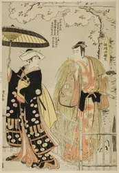 Los actores Sawamura Sojuro III como Kusunoki Masatsura y Arashi Murajiro como Ben no Naishi, en el shosa "Sode Furu Yuki Yoshino Shui," representado en el Teatro Nakamura en el undécimo mes, 1786