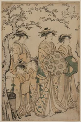 La cortesana Senzan de Chojiya paseando con su Kamuro Yasono y Yasoji y dos Shinzo, 1786