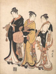 Tres mujeres jóvenes disfrazadas de Komuso, trovador ambulante, ca. 1778