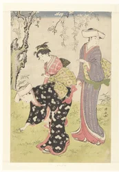 Dos mujeres y una niña bajo un cerezo en flor Brocados con usos y costumbres en Oriente (título de la serie) Fuzoku Azuma no Nishiki (título de la serie)