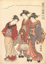 Dos geishas precedidas por una sirvienta que lleva una linterna