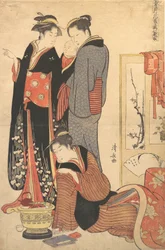 Dos mujeres de pie, sosteniendo a un niño, ca. 1785