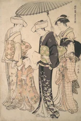 Dos Mujeres en Traje de Verano Llevando a una Niña a un Templo Shinto para el Miya Mairi..., ca. 1783