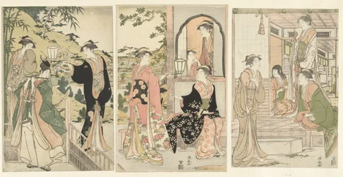 Yoshitsune dándole una serenata a Joruri hime