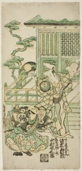 Los actores Bando Hikosaburo I como Araki Shozaemon y Nakamura Sukegoro I como Daidoji Tahatanosuke en la obra "Chigozakura Futabajikki," representada en el Teatro Ichimura en el décimo mes de 1746