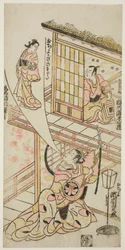 Los actores Ichikawa Ebizo II como Mushanosuke, Segawa Kikunojo I como Ochiyo, y Matsushima Kichisaburo como el espíritu de Ochiyo en la obra "Higashiyama Gojitsu Yaoya Hanbei", representada en el Teatro Nakamura en el octavo mes de 1744.