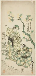 Los actores Ichimura Uzaemon VIII como Taira no Koremochi y Arashi Koroku como Makomo no Mae en la obra "Shusse Momijigari," representada en el Teatro Ichimura en el undécimo mes, 1747