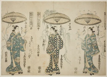 Los actores Onoe Kikugoro I (derecha), Sanogawa Ichimatsu I (centro) y Sanogawa Senzo (izquierda), del tríptico "Negura sanpukutsui"