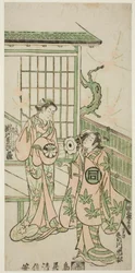 Los actores Sanogawa Ichimatsu I como Minamoto no Yorimasa y Segawa Kikujiro I como Karumo, la esposa de Nobutsura, en la obra "Shusse Momijigari", representada en el Teatro Ichimura en el undécimo mes de 1747.
