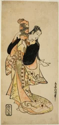El Actor Ichikawa Monnosuke I como Oiso no Tora en la obra "Nigiwai Suehiro Soga," presentada en el Teatro Morita en el primer mes, 1721 (?)