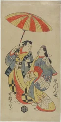 Nakamura Shichisaburo como Chihara Sakonnosuke y Hayakawa Hatsuse como la cortesana Okuni, agosto de 1702