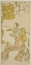 Los actores Segawa Kikunojo II, Ichikawa Komazo II y Arashi Otohachi I en la obra "Fude Hajime Soga no Tamazusa," representada en el Teatro Nakamura en el primer mes de 1768
