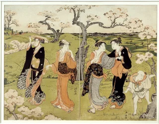 Picnic bajo los cerezos en flor en Assaakayama. Grabado japonés de Torii Kiyonaga (1752-1815), estilo Ukiyo-E.
