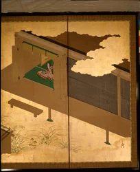 Pantalla de seis pliegues que representa cuentos de Ise