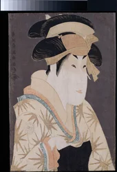 Retrato okubi-e del actor Segawa Kikunojo III en el papel de Oshizu, la esposa de Tanabe Bunzo, de la obra Hana-ayame bunroku soga representada en el teatro Miyakoza en el quinto mes de Kansei 6, c.1794