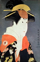 Cabeza y hombros del actor de kabuki Segawa Tomisaburo II como Yadorigi, esposa de Ogishi Kurando), publicado en 1794 (xilografía en color)