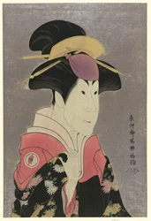 Segawa Tomisabur, actor, retrato de hombros y cabeza, mirando a la derecha, en el papel de Yadorigi, la esposa de Ogishi Kurando.